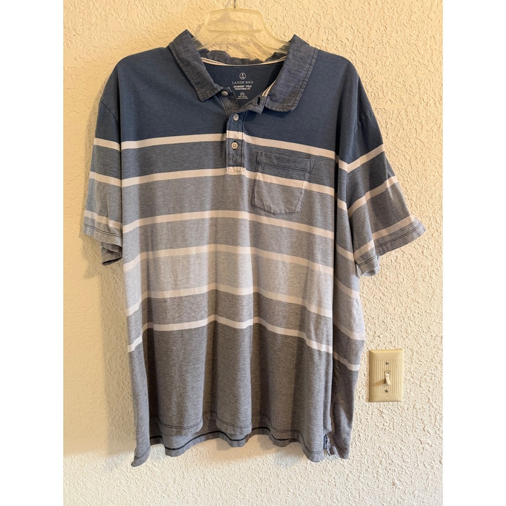 Lands End Seaworn Polo Mens XXL Blue Grey Striped Traditional Fit Cotton Shirt